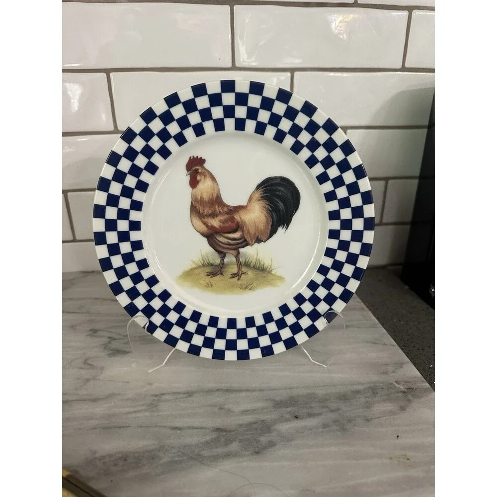 Williams Sonoma ROOSTER Blue White Check Checker Golden Brown 8.25
